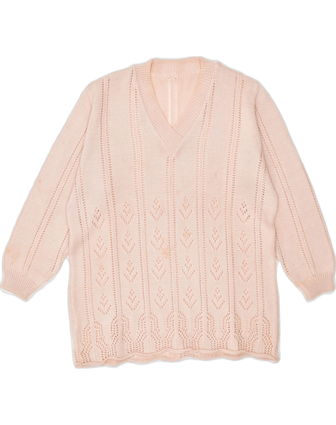 VINTAGE Womens 3/4 Sleeve V-Neck Jumper Sweater UK 14 Large Pink Cotton | Vintage | Thrift | Second-Hand | Used Clothing | Messina Hembry 