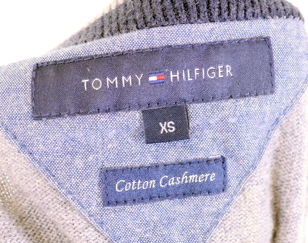 TOMMY HILFIGER Mens V-Neck Jumper See Through XS Grey Cotton - Second Hand & Vintage Designer Clothing - Messina Hembry